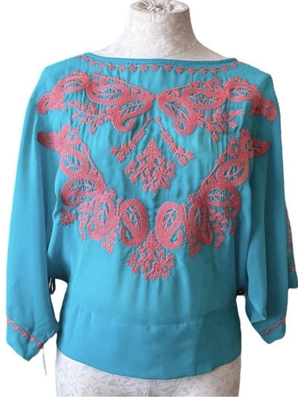 Ark & Co Turquoise Blue Coral Pink Embroidered Batwing Boho Blouse Small
